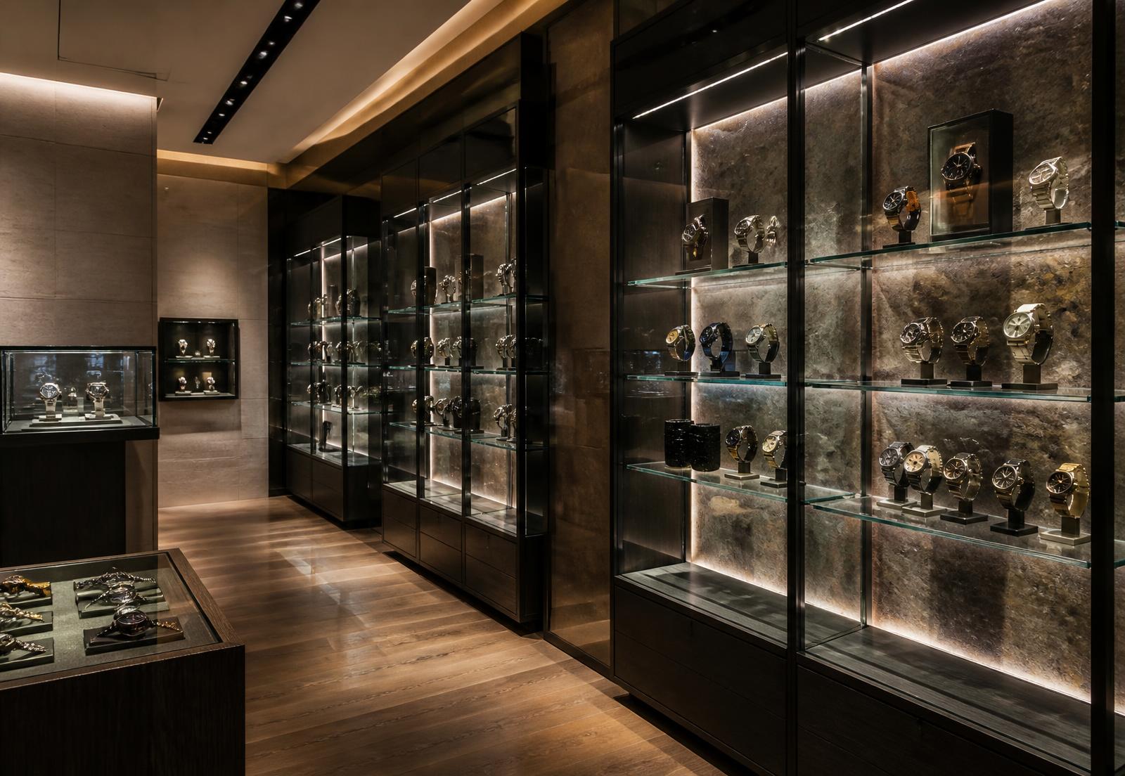 Vitrine illuminate in una boutique di orologeria