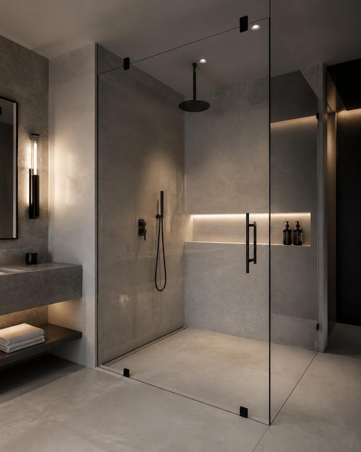 Box doccia walk-in in vetro in un bagno di hotel